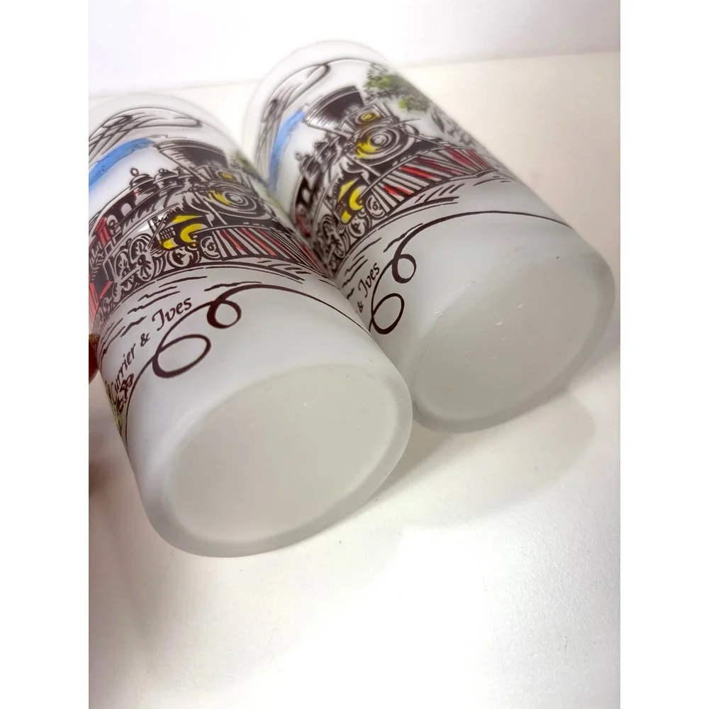 Vintage Currier & Ives Frosted Drinking Glass Railroad Scene 12oz Set of 2 1960s